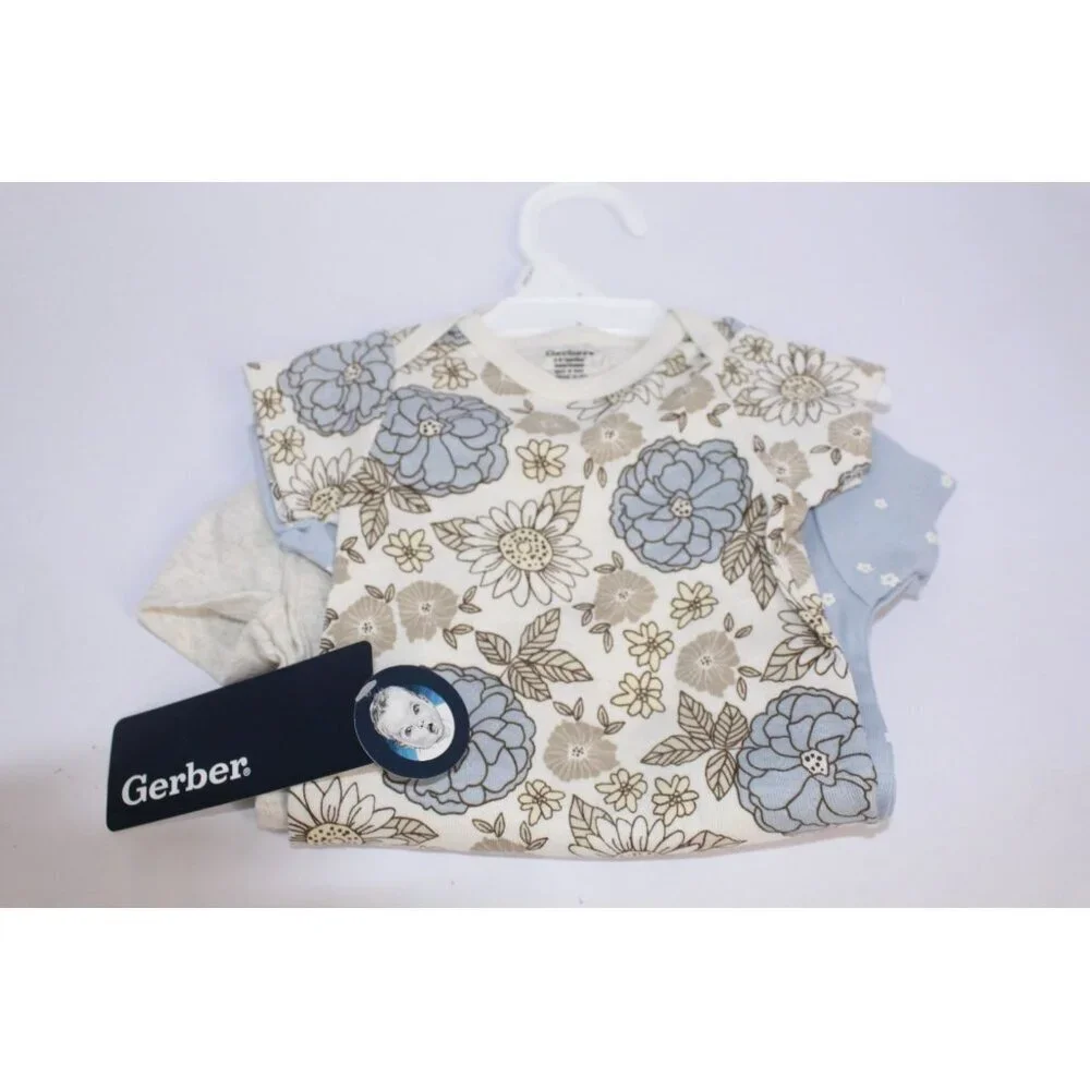 Gerber Onesies 3 Pack Girls 3-6 months Cream Brown Blue Buttons Short Sleeve NWT